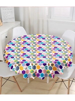 Rem Home Remhome Renkli Mozaik Desenli Modern Dijital Baskılı Yuvarlak Masa Örtüsü - Çap 140CM 140 x 140 cm