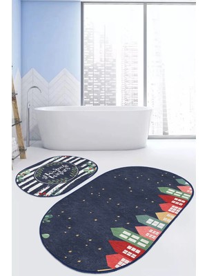 Rem Home Remhome Lacivert Zeminli Renkli Evler Özel Tasarım 2'li Oval Kaymaz Tabanlı Banyo & Mutfak Paspas Takımı Takım Banyo Paspası