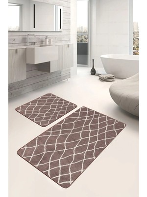 Rem Home Remhome Kahverengi Zeminde Etnik Motifli Baklava Eskitme Motifli Geometrik 2'li Banyo & Mutfak Paspas Takımı Takım Banyo Paspası