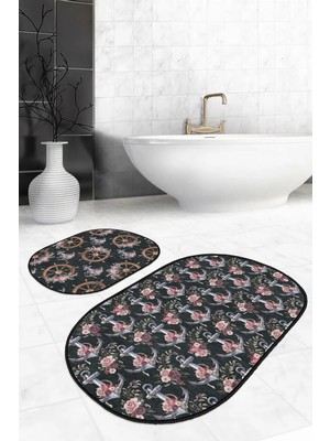 Rem Home Remhome Siyah Zemin Çapa Dümen Özel Tasarımlı 2'li Oval Kaymaz Tabanlı Banyo & Mutfak Paspas Takımı Takım Banyo Paspası