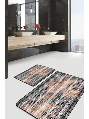 Rem Home Remhome Siyah Kremit Zeminde Etnik Motifli Eskitme Geometrik Eskitme Motifli 2'li Banyo Mutfak Paspas Takımı Takım Banyo Paspası