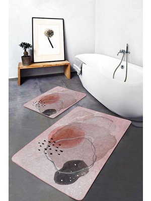 Rem Home Remhome 2'li Set Yavruağzı Zeminde Modern Sanat Motifli Kanvas Desenli Bohem Modern 2'li Banyo Paspas Takımı Takım Banyo Paspası