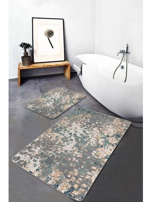 Rem Home Remhome Gri Krem Zeminde Eskitme Motifli Dokuma Halı Eskitme Motifli Vintage 2'li Banyo Mutfak Paspas Takımı Takım Banyo Paspası