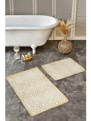 Rem Home Remhome Gold - Krem Zeminde Çerçeveli Motifli Geometrik Desenli Geometrik Geometrik 2'li Banyo Paspas Takımı Takım Banyo Paspası
