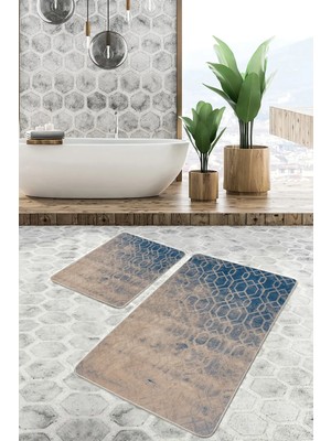 Rem Home Remhome Mavi Bej Zeminde Antik Motifli Dokuma Halı Geometrik Eskitme Motifli 2'li Banyo Mutfak Paspas Takımı Takım Banyo Paspası