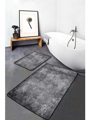Rem Home Remhome 2'li Set Gri Zeminde Dokuma Halı Motifli Eskitme Eskitme Motifli Vintage 2'li Banyo Paspas Takımı Takım Banyo Paspası