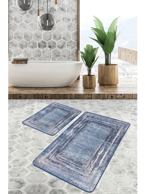 Rem Home Remhome Açık Mavi Zeminde Duvar Motifli Çerçeve Desenli Vintage Klasik 2'li Banyo & Mutfak Paspas Takımı Takım Banyo Paspası