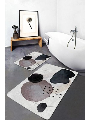 Rem Home Remhome Siyah - Kahverengi Zeminde Kanvas Motifli Yağlıboya Bohem Modern 2'li Banyo & Mutfak Paspas Takımı Takım Banyo Paspası
