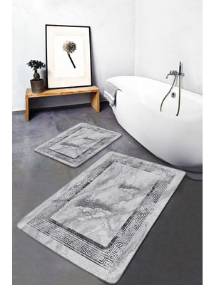 Rem Home Remhome 2'li Set Gri Zeminde Çerçeveli Motifli Eskitme Eskitme Motifli Klasik 2'li Banyo Paspas Takımı Takım Banyo Paspası