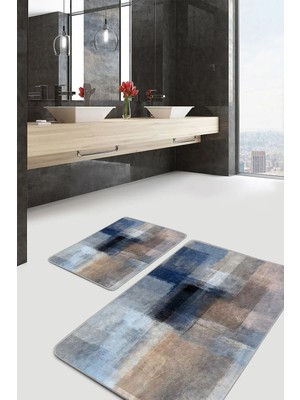 Rem Home Remhome Lacivert Zeminde Yağlı Boya Motifli Modern Sanat Modern Sade & Şık 2'li Banyo & Mutfak Paspas Takımı Takım Banyo Paspası