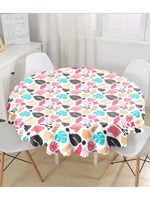 Rem Home Remhome Beyaz Zeminli Renkli Yaprak Desenli Dijital Baskılı Modern Yuvarlak Masa Örtüsü - Çap 140CM 140 x 140 cm