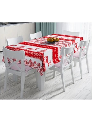 Rem Home Remhome Merry Christmas Kanaviçe Görünümlü Geyikler Baskılı Leke Tutmaz Masa ÖRTÜSÜ-120X140 cm