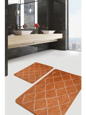 Rem Home Remhome 2'li Set Turuncu Zeminde Etnik Motifli El Dokuma Geometrik Sade & Şık 2'li Banyo Paspas Takımı Takım Banyo Paspası
