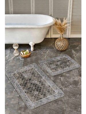 Rem Home Remhome Kahverengi Gri Zemin Çerçeveli Motif Morrocan Desen Eskitme Motif Geometrik 2'li Banyo Paspas Takımı Takım Banyo Paspası