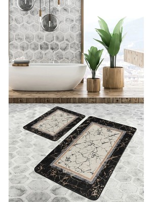 Rem Home Remhome Bej - Krem Zeminde Çerçeveli Motifli Mermer Eskitme Motifli Klasik 2'li Banyo & Mutfak Paspas Takımı Takım Banyo Paspası
