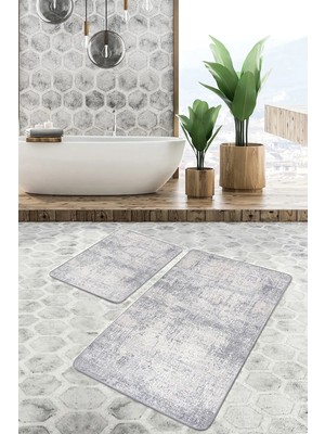 Rem Home Remhome 2'li Set Bej Zeminde Eskitme Motifli Antik Desenli Eskitme Motifli Vintage 2'li Banyo Paspas Takımı Takım Banyo Paspası