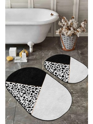 Rem Home Remhome Siyah Beyaz Düz Renkli Taş Tasarımlı 2'li Oval Kaymaz Tabanlı Banyo & Mutfak Paspas Takımı Takım Banyo Paspası
