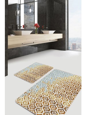 Rem Home Remhome Altın Zemin Geometrik Motifli Modern Sanat Geometrik Eskitme Motifli 2'li Banyo Mutfak Paspas Takımı Takım Banyo Paspası