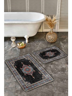 Rem Home Remhome 2'li Set Siyah Zeminde Kilim Motifli Geleneksel Etnik Motifler Avangarde 2'li Banyo Paspas Takımı Takım Banyo Paspası