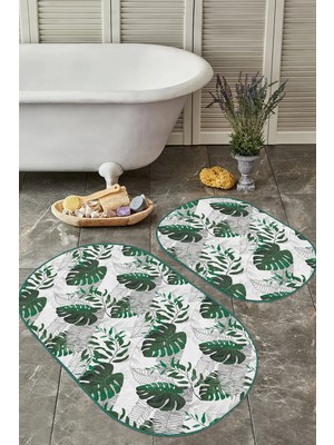 Rem Home Remhome Tropik Yaprak Tasarımlı 2'li Oval Kaymaz Tabanlı Banyo Halı Takımı & Banyo Paspas Takımı Takım Banyo Paspası