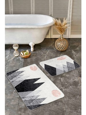 Rem Home Remhome 2'li Set Gri - Beyaz Zeminde Kanvas Motifli Modern Desenli Bohem Sade & Şık 2'li Banyo Paspas Takımı Takım Banyo Paspası