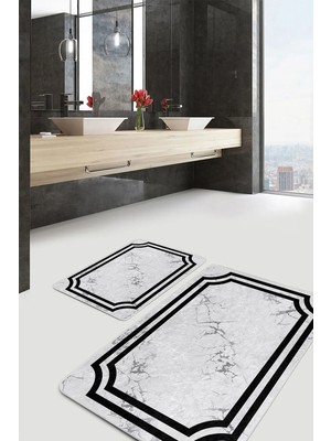 Rem Home Remhome 2'li Set Siyah - Gri Zeminde Çerçeveli Motifli Mermer Geometrik Klasik 2'li Banyo Paspas Takımı Takım Banyo Paspası
