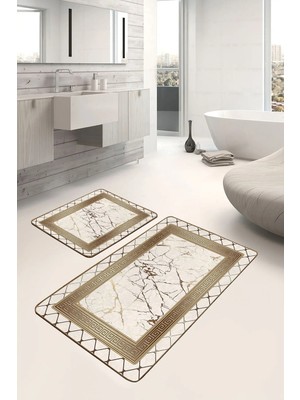 Rem Home Remhome Altın Zeminde Çerçeveli Motifli Mermer Desenli Geometrik Klasik 2'li Banyo & Mutfak Paspas Takımı Takım Banyo Paspası