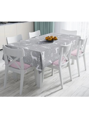 Rem Home Remhome Gri Zeminli Geyikler ve Kar Taneleri Tasarımlı Dijital Baskılı Leke Tutmaz Masa Örtüsü 90 x 90 cm