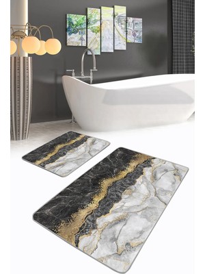 Rem Home Remhome Siyah Mermer Özel Tasarım Dijital Baskılı 2'li Kaymaz Tabanlı Banyo & Mutfak Paspas Takımı Takım Banyo Paspası