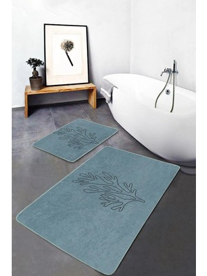 Rem Home Remhome Mavi Zeminli Online Çiçek Desenli 2'li Kaymaz Tabanlı Banyo & Mutfak Paspas Takımı Takım Banyo Paspası