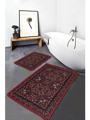 Rem Home Remhome Kahverengi Kırmızı Zeminde Uşak Motifli El Dokuma Avangarde Vintage 2'li Banyo Mutfak Paspas Takımı Takım Banyo Paspası