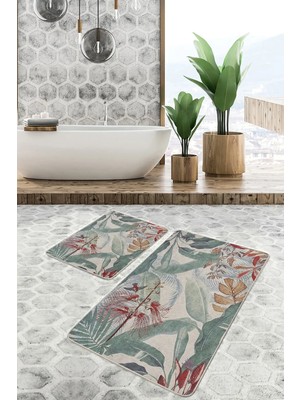 Rem Home Remhome 2'li Set Yeşil Zeminde Çiçek Motifli Geleneksel Summer & Fresh Floral 2'li Banyo Paspas Takımı Takım Banyo Paspası
