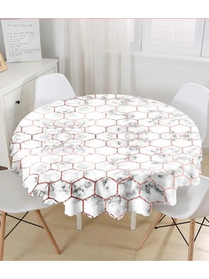 Rem Home Remhome Mermer ve Petek Desenli Dijital Baskılı Yuvarlak Masa Örtüsü Çap 140CM 140 x 140 cm