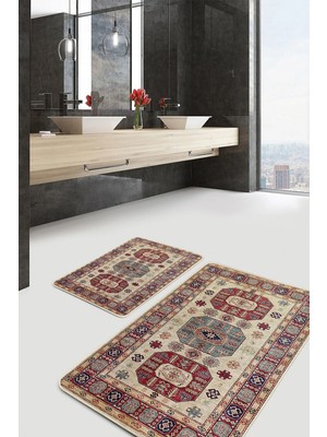 Rem Home Remhome 2'li Krem Zeminde Etnik Motifli Osmanlı Desenli Avangarde Klasik 2'li Banyo & Mutfak Paspas Takımı Takım Banyo Paspası