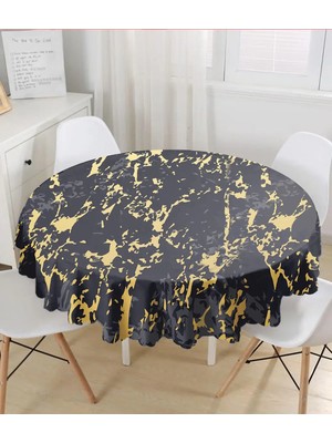 Rem Home Remhome Siyah Zeminde Gold Detaylı Çizim Dijital Baskılı Modern Yuvarlak Masa Örtüsü - Çap 140CM 140 x 140 cm