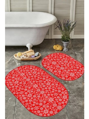 Rem Home Remhome Kırmızı Zemin Kar Taneleri Dijital Baskılı 2'li Oval Kaymaz Tabanlı Banyo & Mutfak Paspas Takımı Takım Banyo Paspası