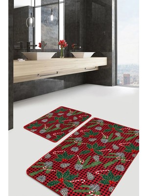 Rem Home Remhome Kırmızı Ekose Yılbaşı Tasaımlı 2'li Banyo Paspas Takımı & Mutfak Paspas Seti Takım Banyo Paspası