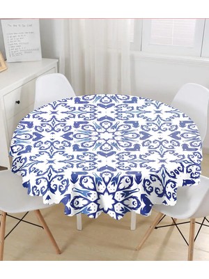 Rem Home Remhome Mavi Beyaz Seramik Damask Özel Tasarım Yuvarlak Masa Örtüsü - Çap 140CM 140 x 140 cm