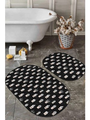 Rem Home Remhome Siyah Zemin Puantiye Motifli Kaktüs Temalı 2'li Oval Kaymaz Tabanlı Banyo & Mutfak Paspas Takımı Takım Banyo Paspası