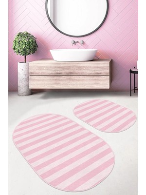 Rem Home Remhome Pembe Çizgili Özel Tasarım 2'li Oval Kaymaz Tabanlı Banyo & Mutfak Paspas Takımı Takım Banyo Paspası