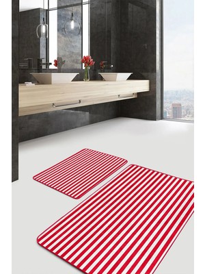 Rem Home Remhome 2'li Set Kırmızı Zeminde Çizgili Motifli Geometrik Geometrik Sade & Şık 2'li Banyo Paspas Takımı Takım Banyo Paspası