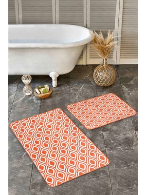 Rem Home Remhome 2'li Set Turuncu Zeminde Geometrik Motifli Klasik Desenli Geometrik Klasik 2'li Banyo Paspas Takımı Takım Banyo Paspası
