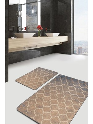 Rem Home Remhome Krem Zeminde Morrocan Motifli Otantik Desenli Geometrik Vintage 2'li Banyo & Mutfak Paspas Takımı Takım Banyo Paspası