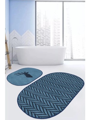 Rem Home Remhome Lacivert Ebru Sanatı Çizimli Geyik Motifli 2'li Oval Banyo Halı Takımı & Klozet Paspas Seti Takım Banyo Paspası