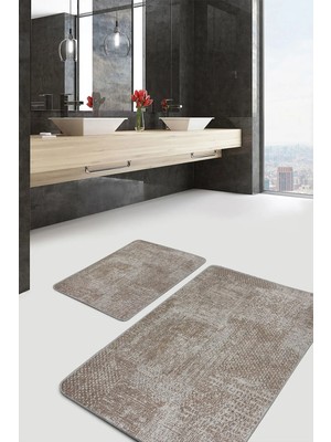 Rem Home Remhome 2'li Set Ekru Zeminde Örgü Motifli Eskitme Desenli Vintage Eskitme Motifli 2'li Banyo Paspas Takımı Takım Banyo Paspası