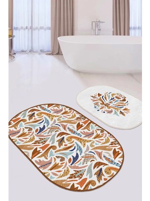 Rem Home Remhome Renkli Otantik Motifli 2'li Oval Kaymaz Tabanlı Mutfak Paspas Takımı & Banyo Halısı Seti Takım Banyo Paspası