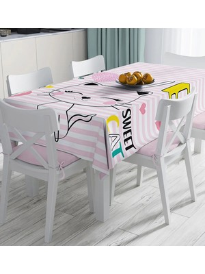 Rem Home Remhome Pembe Çizgili Zeminde Sweet Cat Tasarımlı Dijital Baskılı Masa Örtüsü 90 x 90 cm