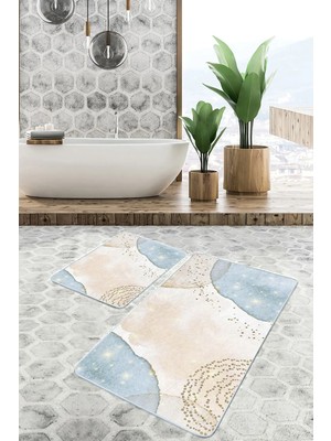 Rem Home Remhome 2'li Set Gold - Mavi Zeminde Kanvas Motifli Altın Desenli Bohem Sade & Şık 2'li Banyo Paspas Takımı Takım Banyo Paspası