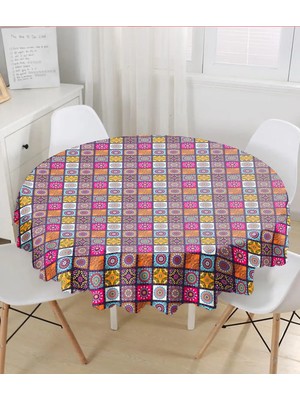 Rem Home Remhome Kareli Etnik Desenli Özel Tasarım Yuvarlak Masa Örtüsü - Çap 140CM 140 x 140 cm