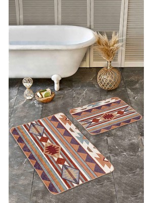 Rem Home Remhome 2'li Set Retro Zeminde Antika Motifli Geleneksel Etnik Motifler Vintage 2'li Banyo Paspas Takımı Takım Banyo Paspası